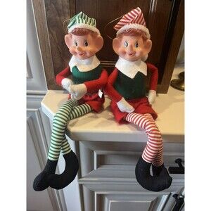 Pair of Knee Hugger Elf Ornaments Red White Striped Legs Green Shirts Elves